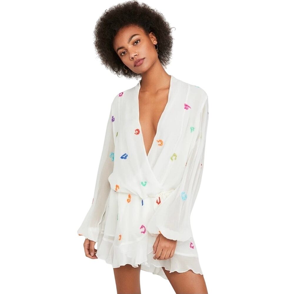 Rococo Sand White Mini Dress with Multicolor Embroidery